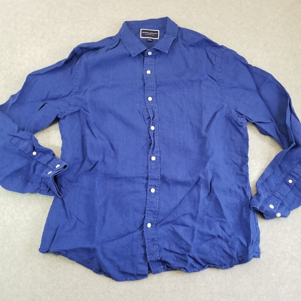 Charles Tyrwhitt Shirt Mens Extra Large Blue Slim Fit Linen Casual Button Down